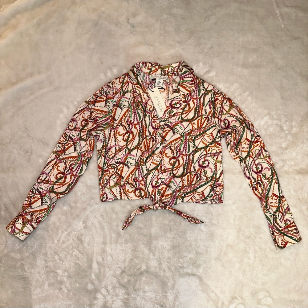 Rachel Zoe Cream Paisley Multicolor Long Sleeve Button Up Silky Shirt Size XS